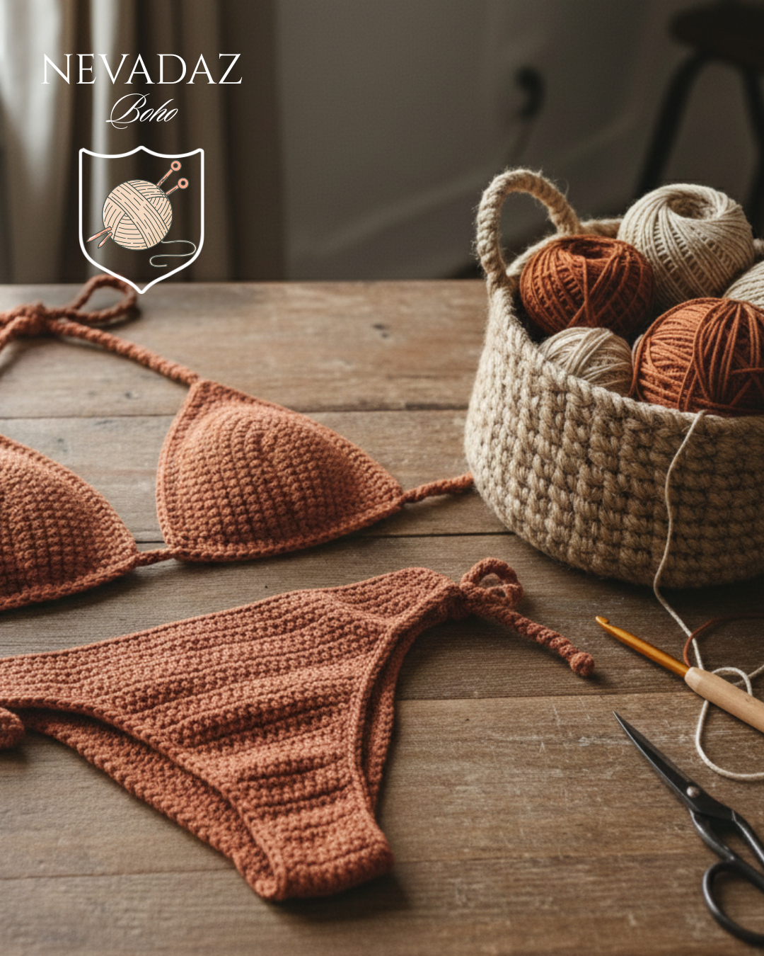 Crocheted brown bikini set on a wooden table with yarn and tools, featuring NEVADAZ Boho branding.